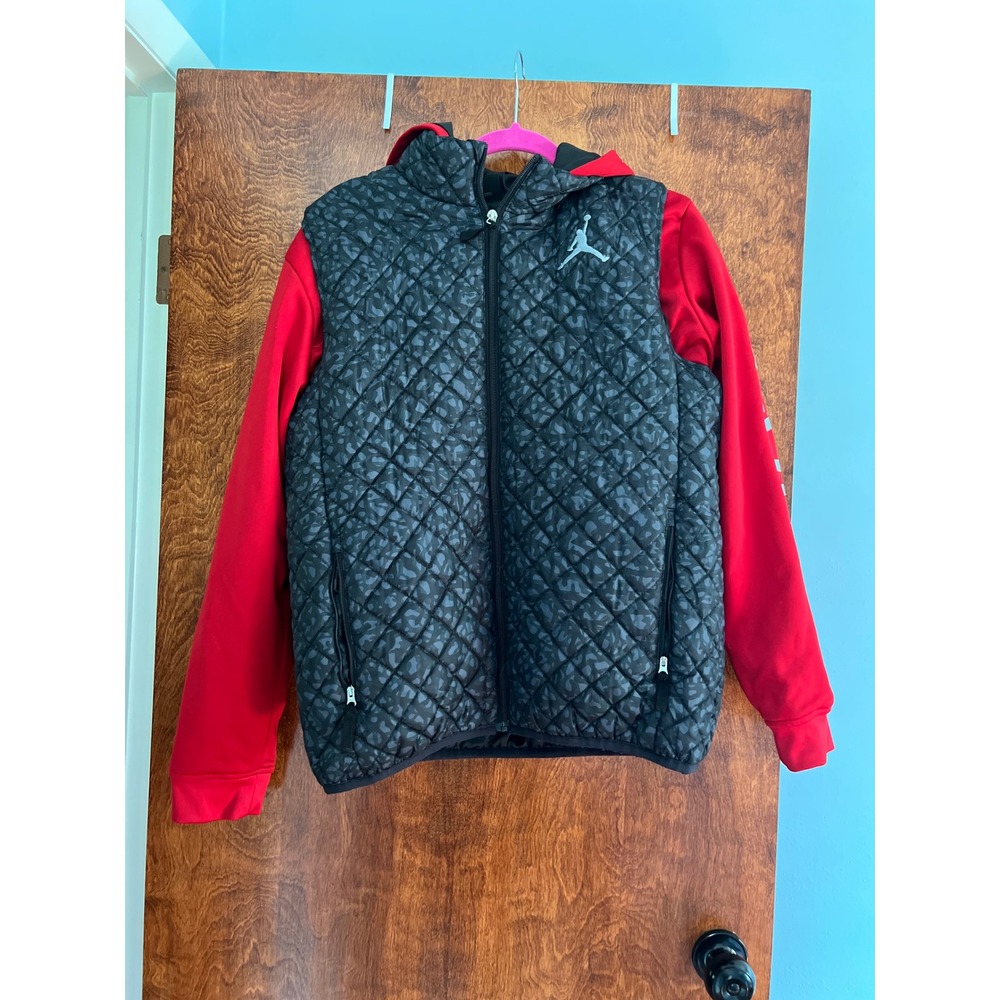 Jordan Hybrid Puffer Jacket Kids XL Black Red Good Quilted Elephant Print Hooded